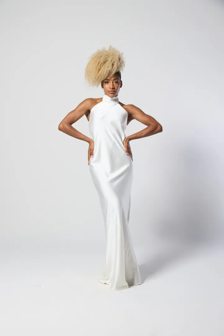 Women · Resort: Satin halter maxi dress, Ivory, front view