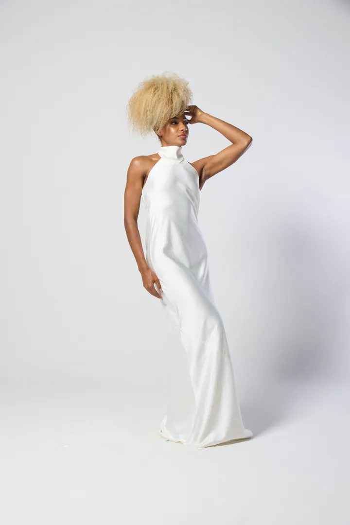 Women · Resort: Satin halter maxi dress, Ivory, side view