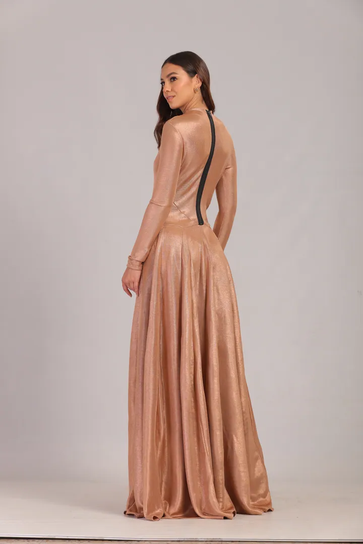 Women · Resort: Long-sleeve flared maxi dress, Rose gold, back view