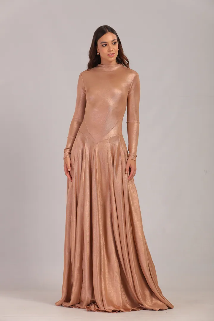 Women · Resort: Long-sleeve flared maxi dress, Rose gold, front view