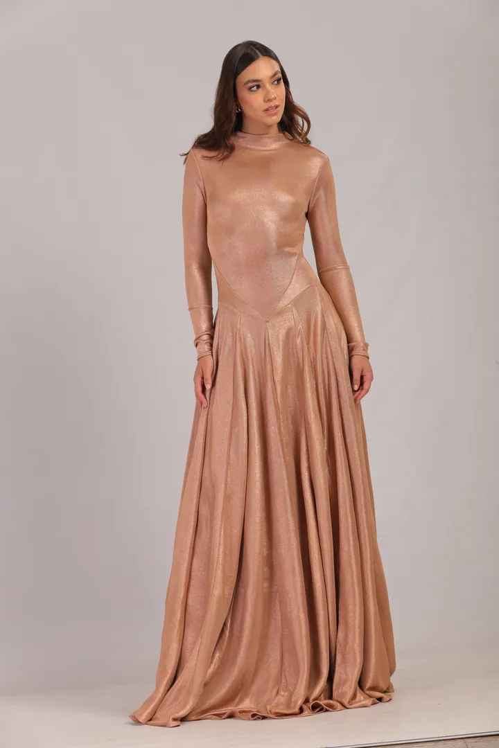Women · Resort: Long-sleeve flared maxi dress, Rose gold, side view