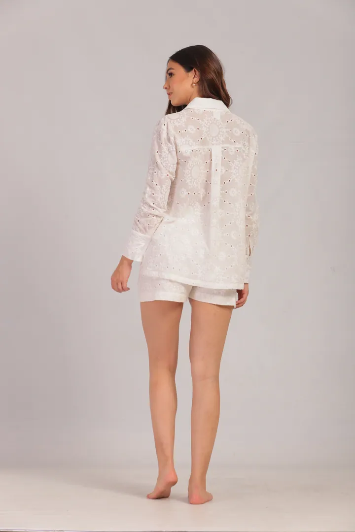 Women · Resort: Eyelet shirt & short set, White, back view