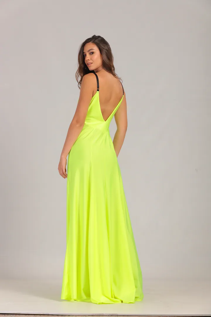 Women · Resort: Slip maxi dress with leg slit, Neon lime, back view