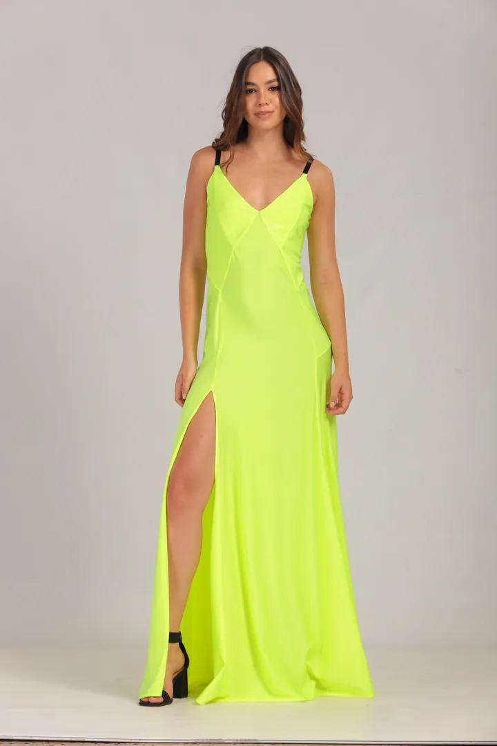 Women Resort: Slip maxi dress with leg slit, Neon lime, front view