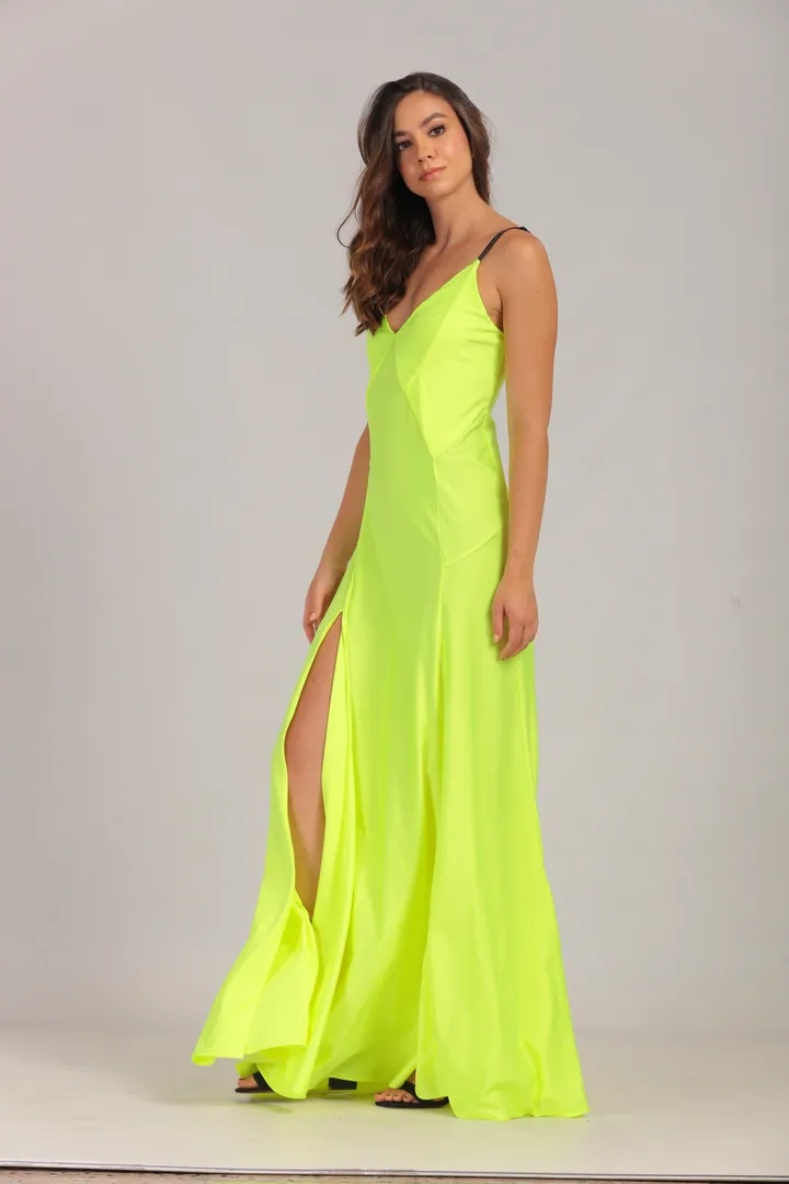 Women · Resort: Slip maxi dress with leg slit, Neon lime, side view