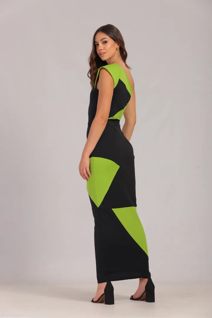 Women · Resort: One-shoulder geometric maxi dress, Black & lime, back view