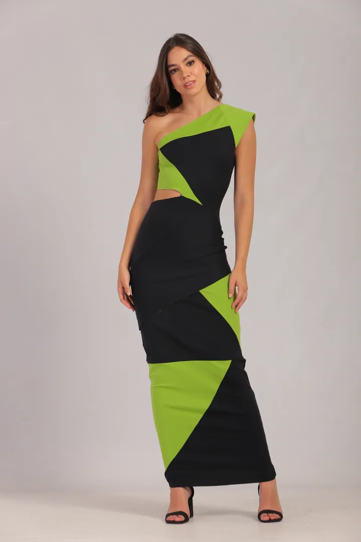 Women · Resort: One-shoulder geometric maxi dress, Black & lime, front view