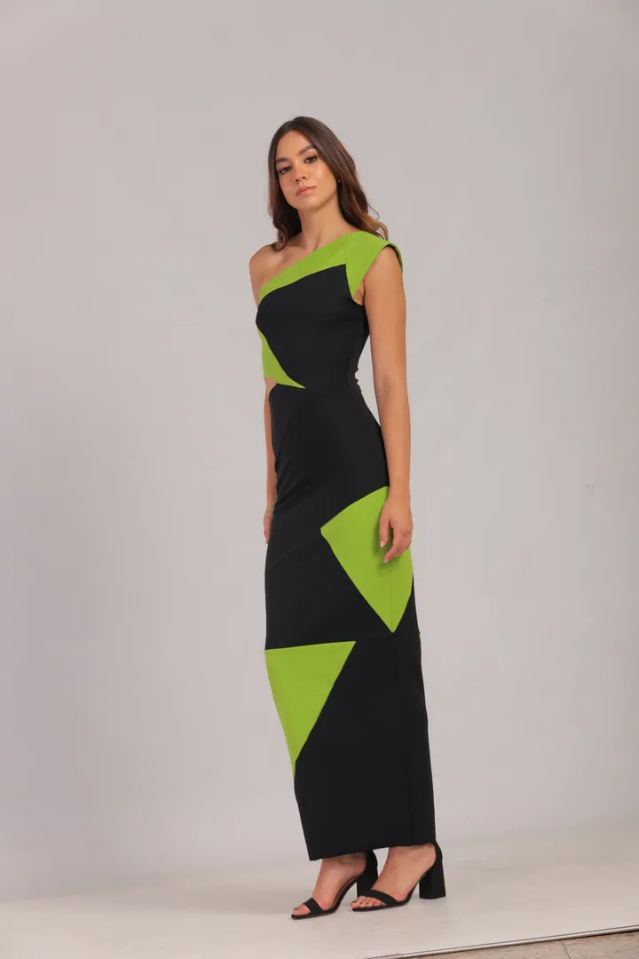 Women · Resort: One-shoulder geometric maxi dress, Black & lime, side view