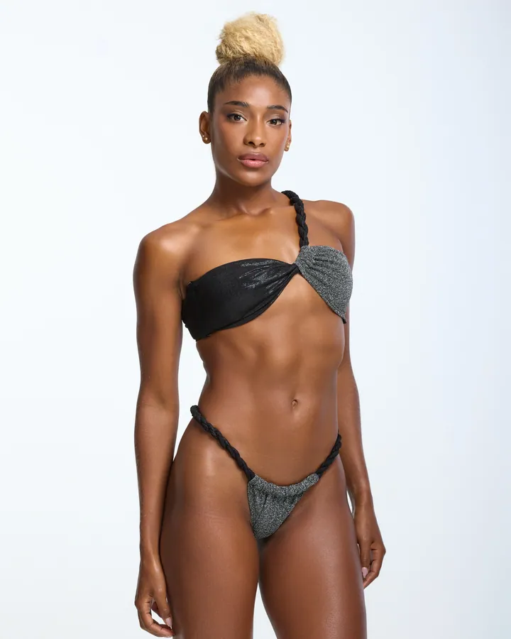 Women · Swimwear: Twisted bandeau bikini, Black & shimmer grey, front view