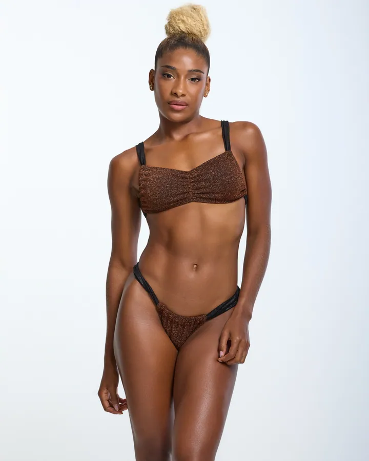 Women · Swimwear: Gathered-strap bikini, Copper & black, front view