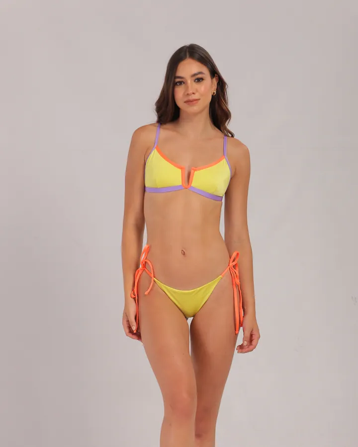 Women · Swimwear: Contrast-trim triangle bikini, Yellow, lilac & coral, front view