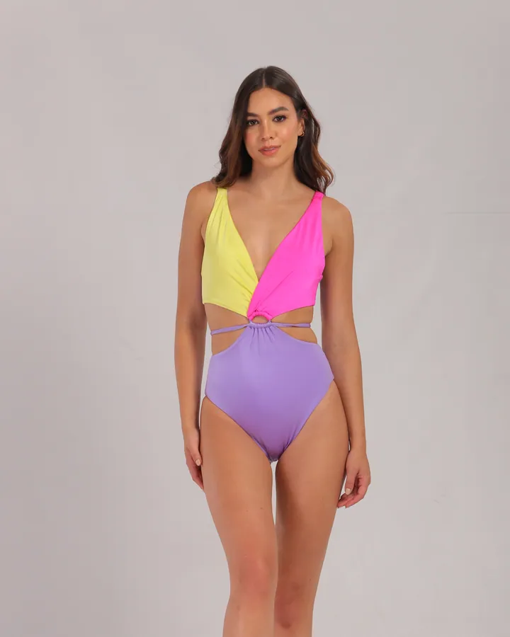 Women · Swimwear: Cut-out one-piece, Yellow, fuchsia & lilac, front view