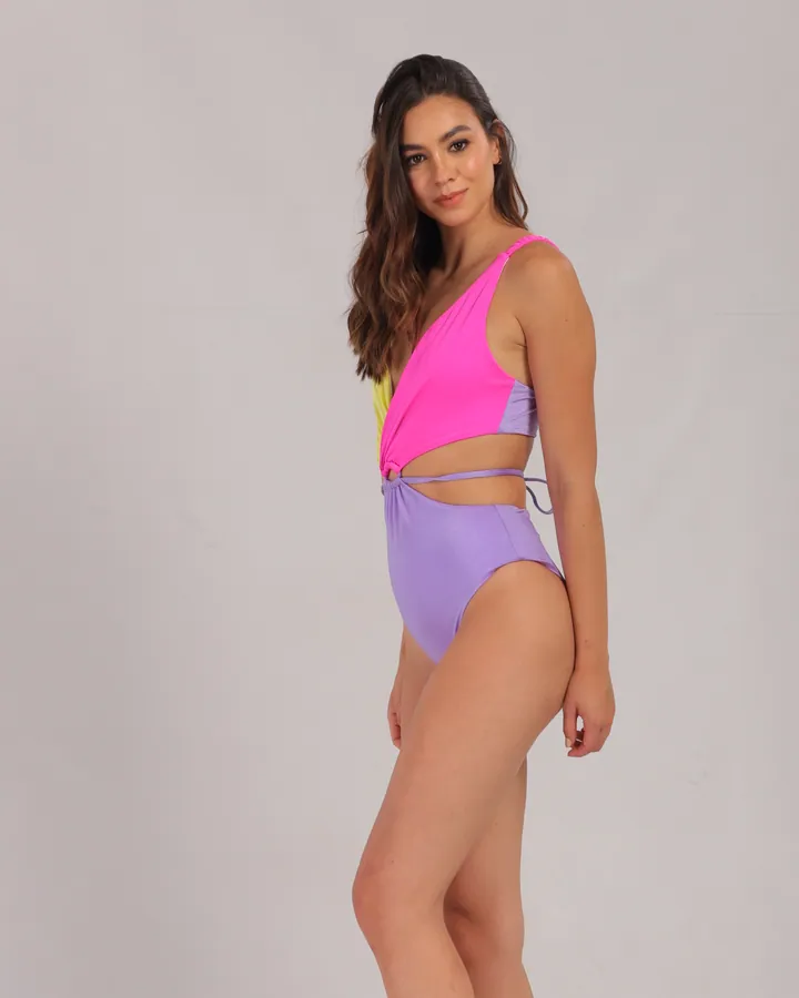 Women · Swimwear: Cut-out one-piece, Yellow, fuchsia & lilac, side view