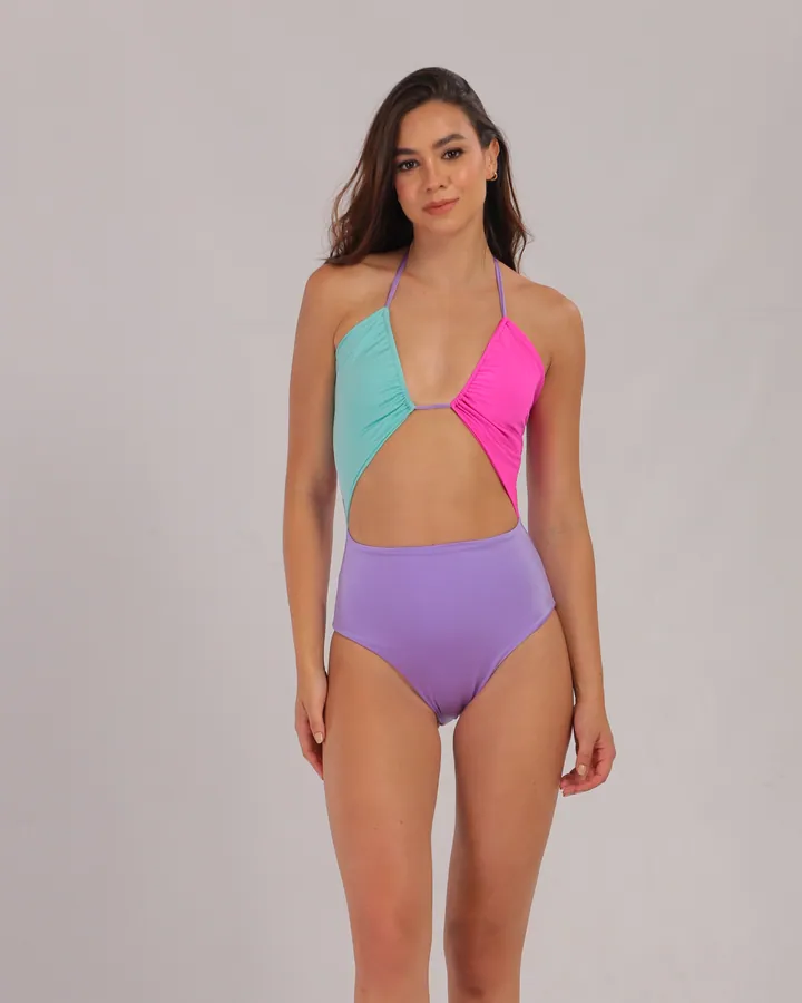 Women · Swimwear: Colorblock halter one-piece, Sky, fuchsia & lilac, front view