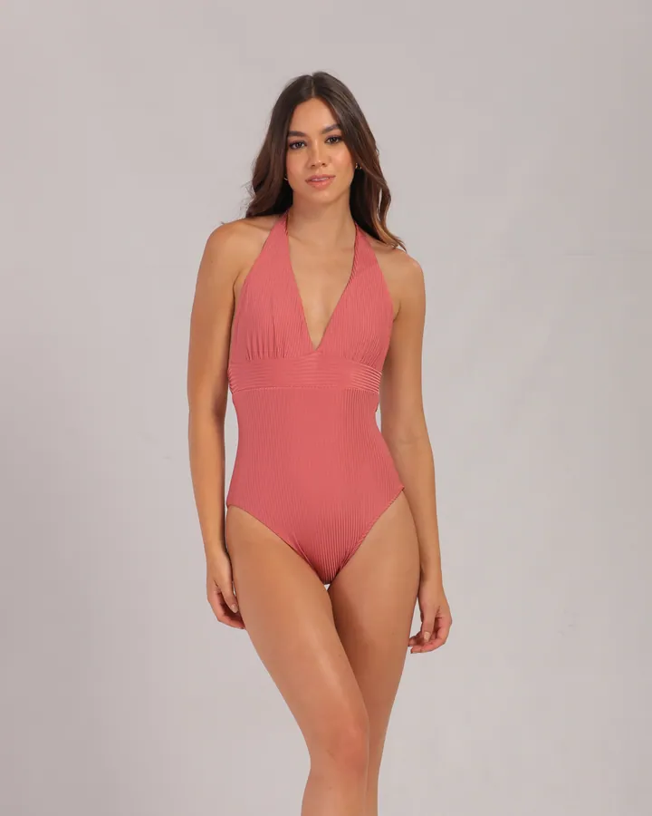 Women · Swimwear: Halter V-neck one-piece, Coral, front view