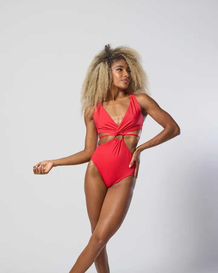 Women · Swimwear: Knot-front one-piece, Red, front view